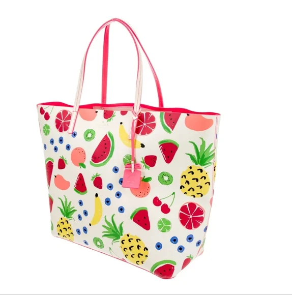 Kate Spade WHITE LEATHER FRUIT PRINT LARGE OPEN TOP TOTE NWOT